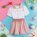 Girls Short Sleeve Peter Pan Collar Lace Top With Shorts Sets Pink 4-5 Y 