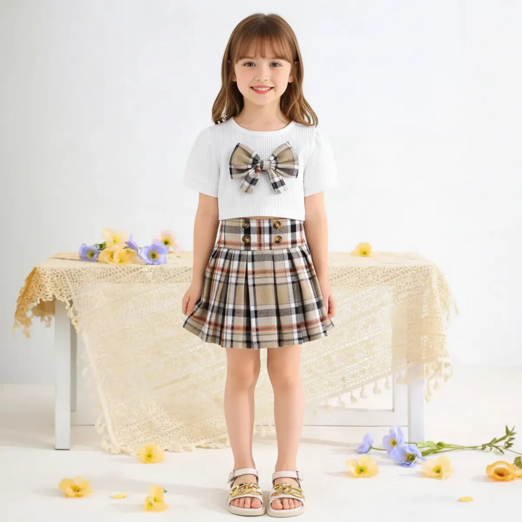 Girls White Bow Applique Top With Checked Pleated Skirt Sets Sets