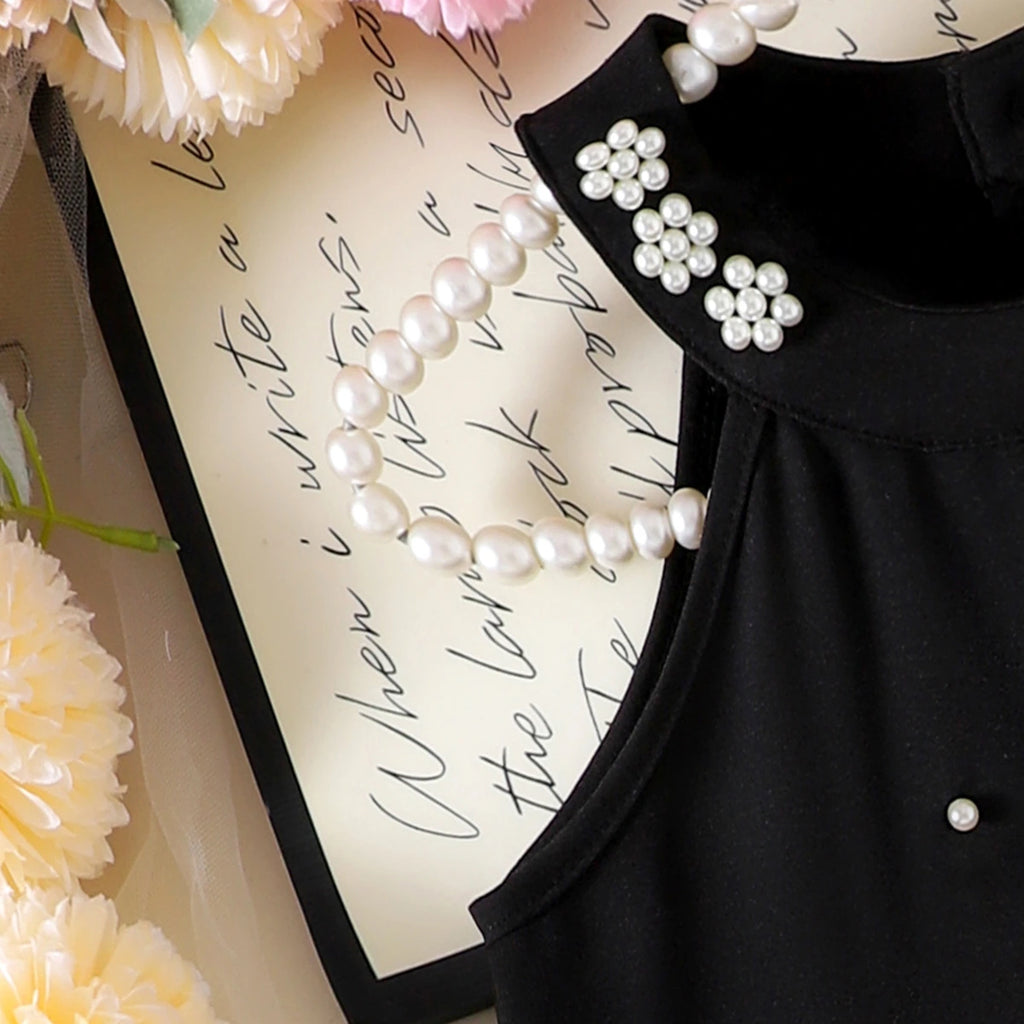 Girls Black Pearl Embellished Sleeveless A-Line Dress Casual Dresses
