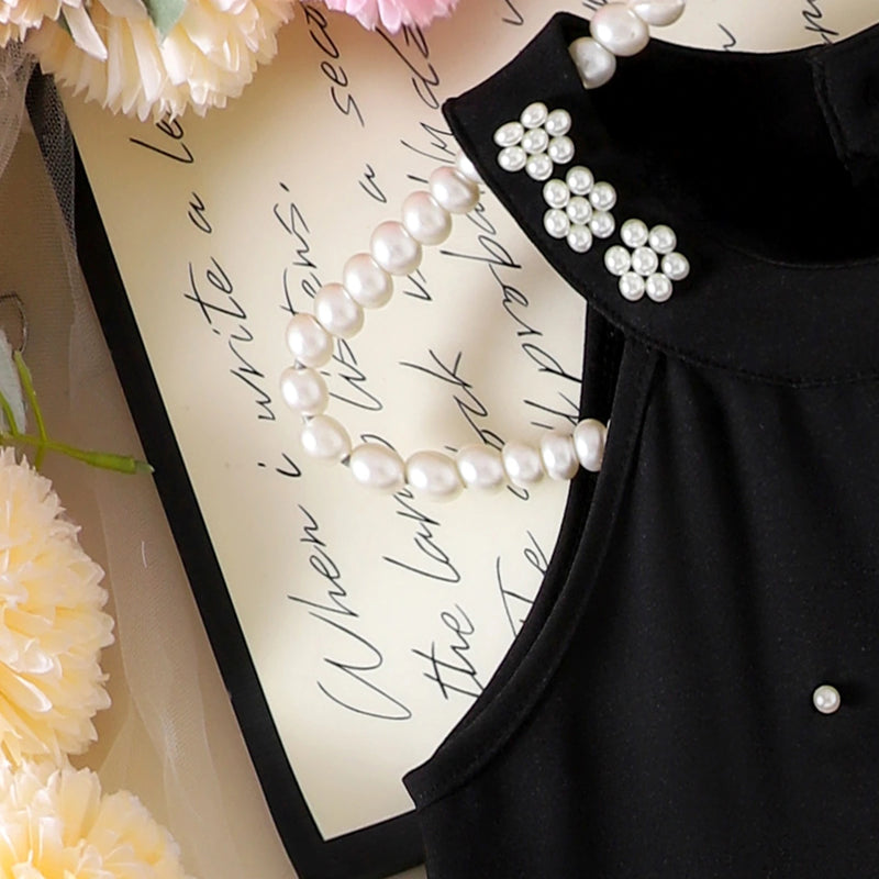 Girls Black Pearl Embellished Sleeveless A-Line Dress Casual Dresses