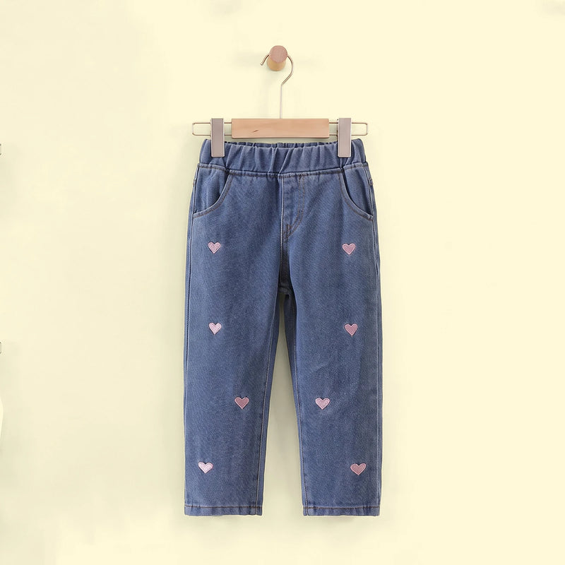 Girls Blue Heart Embroidered Denim Pants Pants Blue 1-2 Y