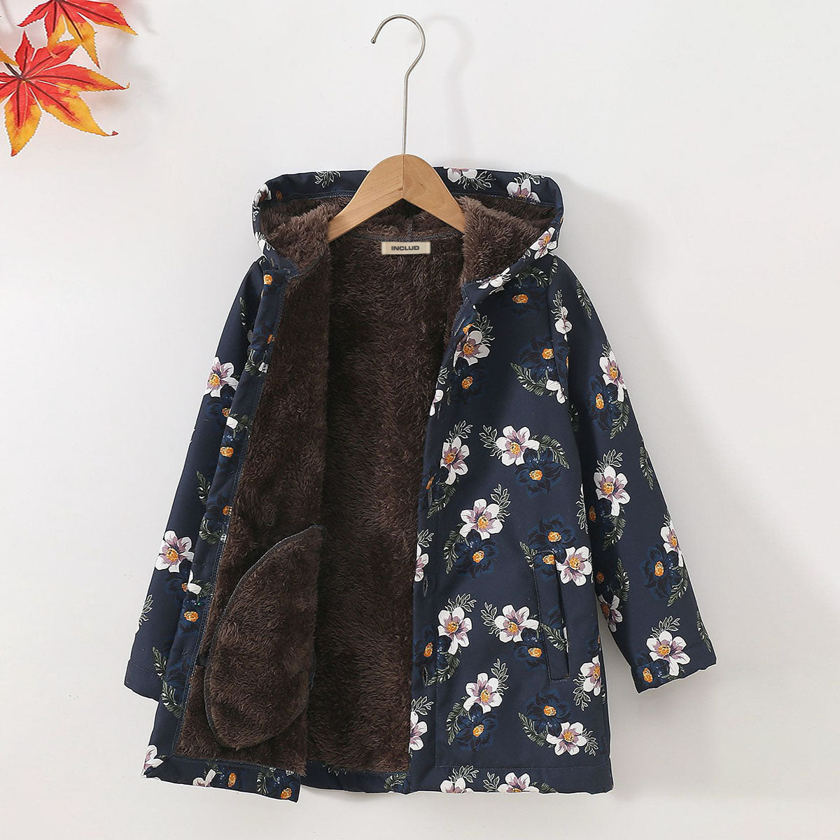 Girls Dark Blue Floral Printed Hooded Jacket Coats & Jackets