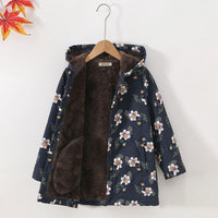 Girls Dark Blue Floral Printed Hooded Jacket Coats & Jackets