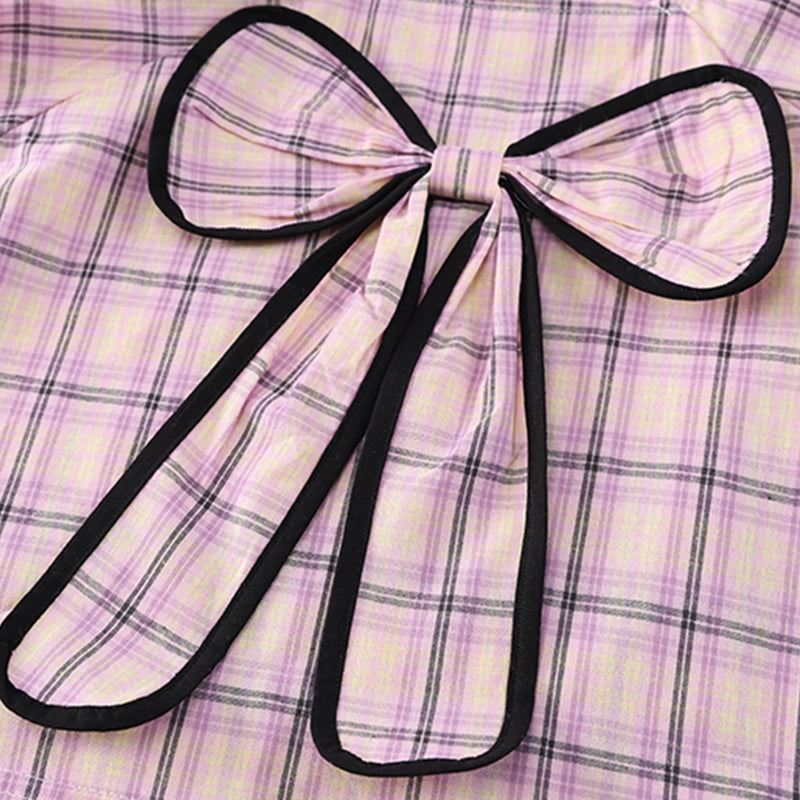 Girls Pink Checked Big Bow Applique Top With Pleated Shorts Set Sets