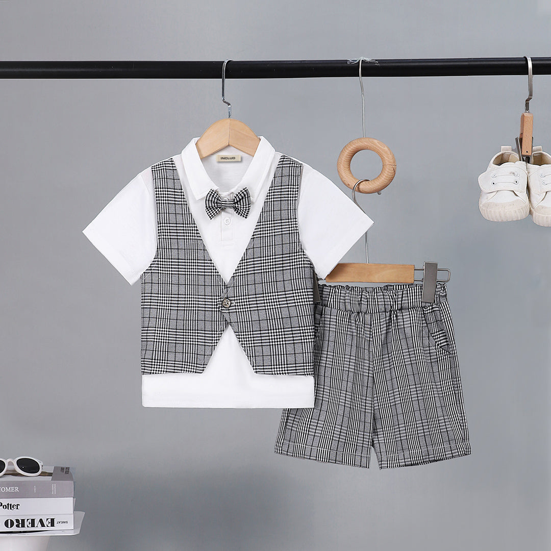 Boys Black Check Waist Coat With Polo T-Shirt And Shorts Set 3 pc. Sets