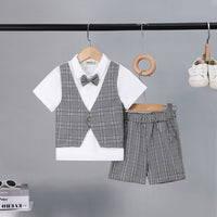 Boys Black Check Waist Coat With Polo T-Shirt And Shorts Set 3 pc. Sets