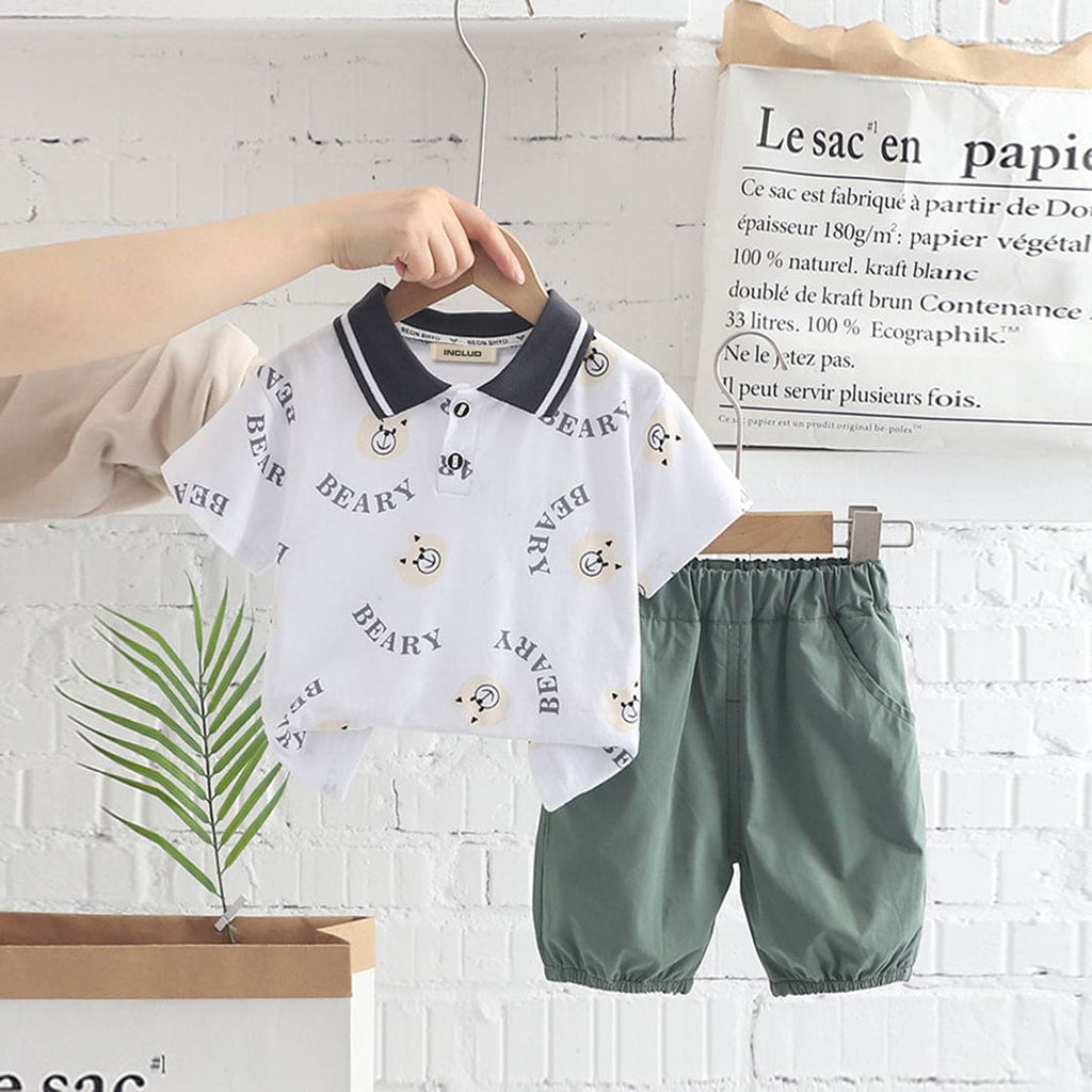 Boys Bear Print Polo T-Shirt With Slim Shorts