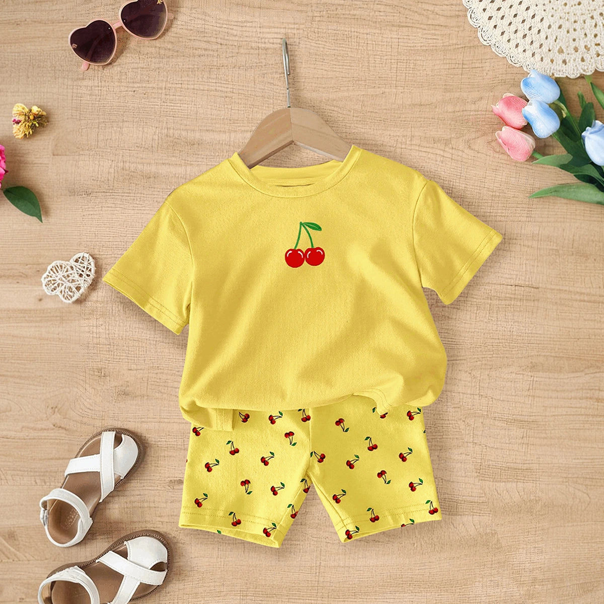 Girls Yellow Cherry Print Short Sleeve T-Shirt With Shorts Sets 2 pc. Sets Yellow 3-4 Y