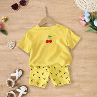 Girls Yellow Cherry Print Short Sleeve T-Shirt With Shorts Sets 2 pc. Sets Yellow 3-4 Y