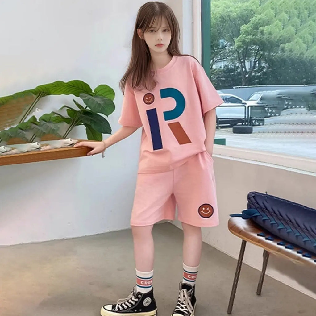 Girls Pink Letter R Printed Short Sleeves T-Shirt With Shorts Co-ord Sets Sets