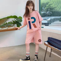 Girls Pink Letter R Printed Short Sleeves T-Shirt With Shorts Co-ord Sets Sets