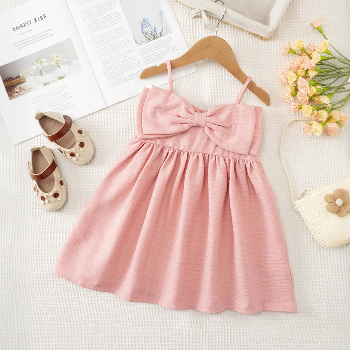 Girls Pink Textured Sleeveless Fit & Flare Dress With Bow Detail Casual Dresses Pink 1-2 Y