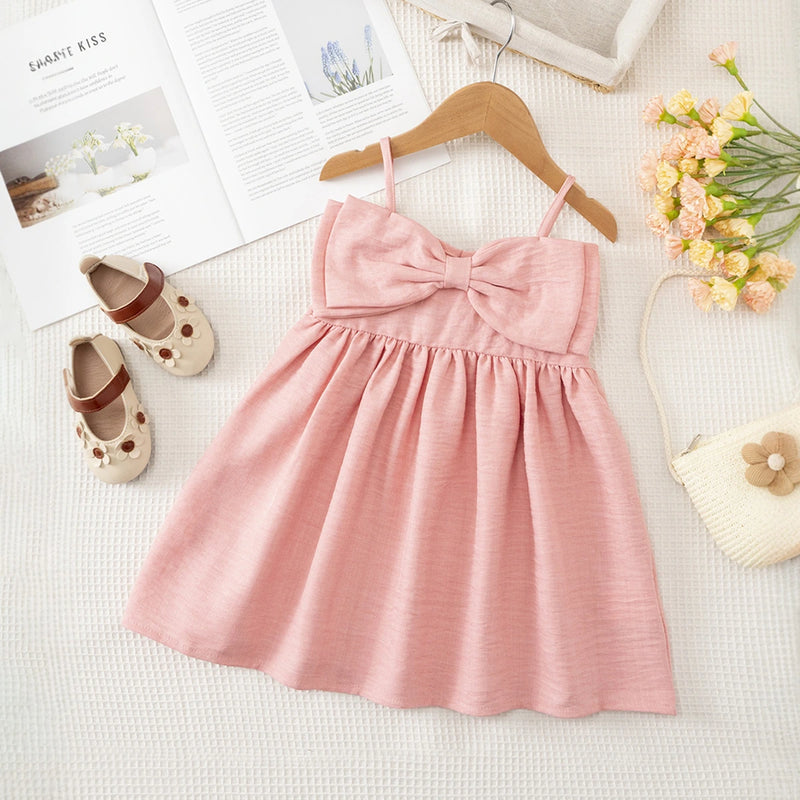 Girls Pink Textured Sleeveless Fit & Flare Dress With Bow Detail Casual Dresses Pink 1-2 Y
