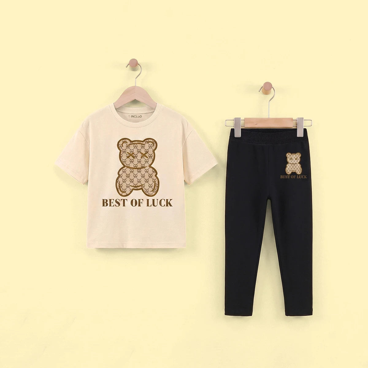 Girls Beige Typography Print T-Shirt With Legging Sets 2 pc. Sets Beige 3-4 Y