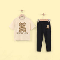 Girls Beige Typography Print T-Shirt With Legging Sets 2 pc. Sets Beige 3-4 Y