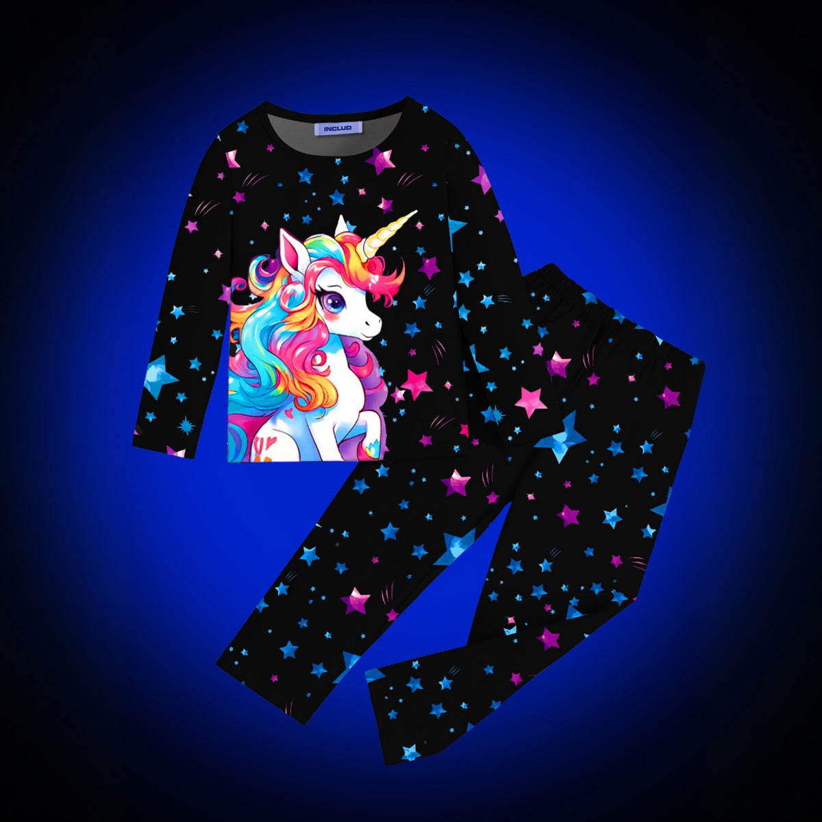 Girls Black Unicorn Printed Glow in the Dark T-Shirt & Pajama Winter Set 2 pc. Sets Black 3-4 Y