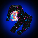 Girls Black Unicorn Printed Glow in the Dark T-Shirt & Pajama Winter Set