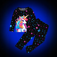 Girls Black Unicorn Printed Glow in the Dark T-Shirt & Pajama Winter Set 2 pc. Sets Black 3-4 Y