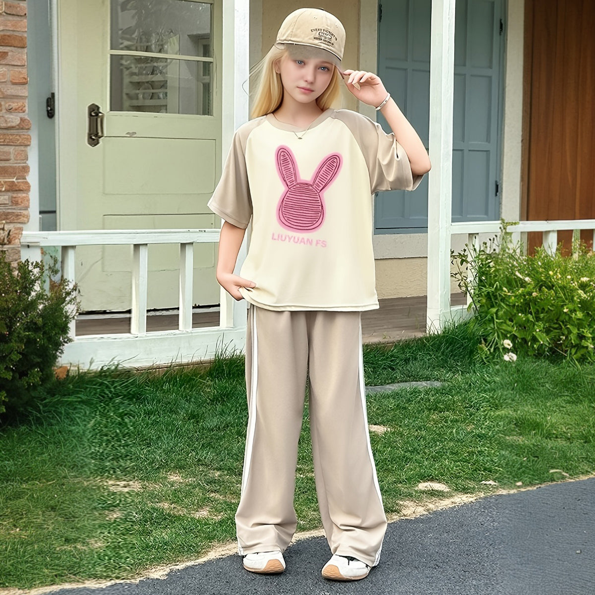 Girls Khaki Rabbit Printed Summer T-Shirt With Track Pants Set 2 pc. Sets