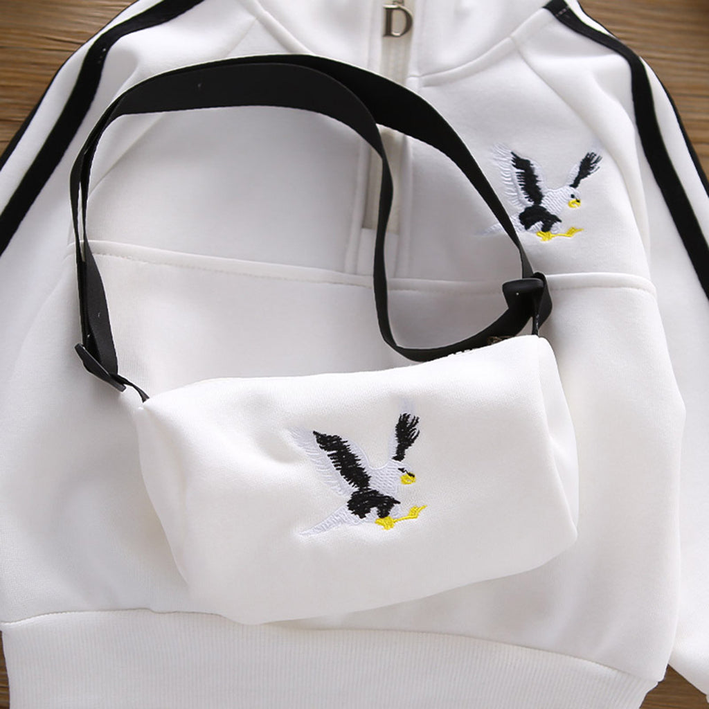 Boys White Eagle Embroidered Sweatshirt With Sling Bag and Pants Set Sets