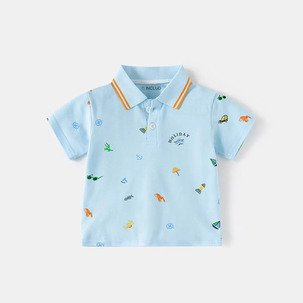 Boys Sky Blue Short Sleeve Beach Print Polo T-Shirt Tshirts