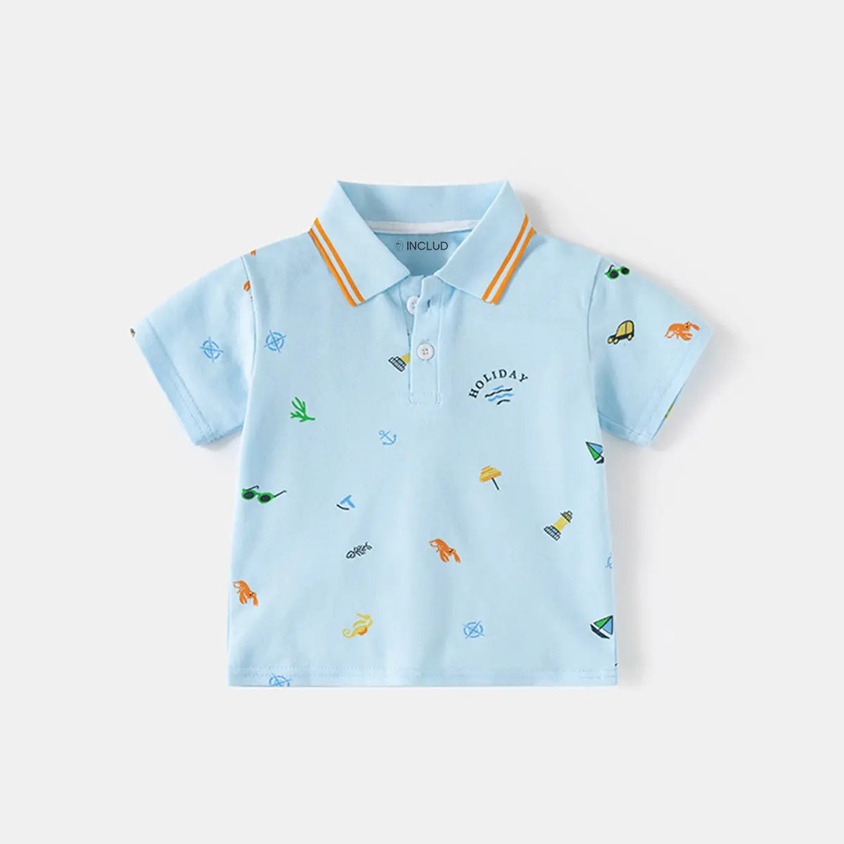 Boys Sky Blue Short Sleeve Beach Print Polo T-Shirt Tshirts