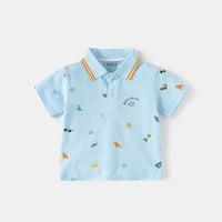 Boys Sky Blue Short Sleeve Beach Print Polo T-Shirt Tshirts