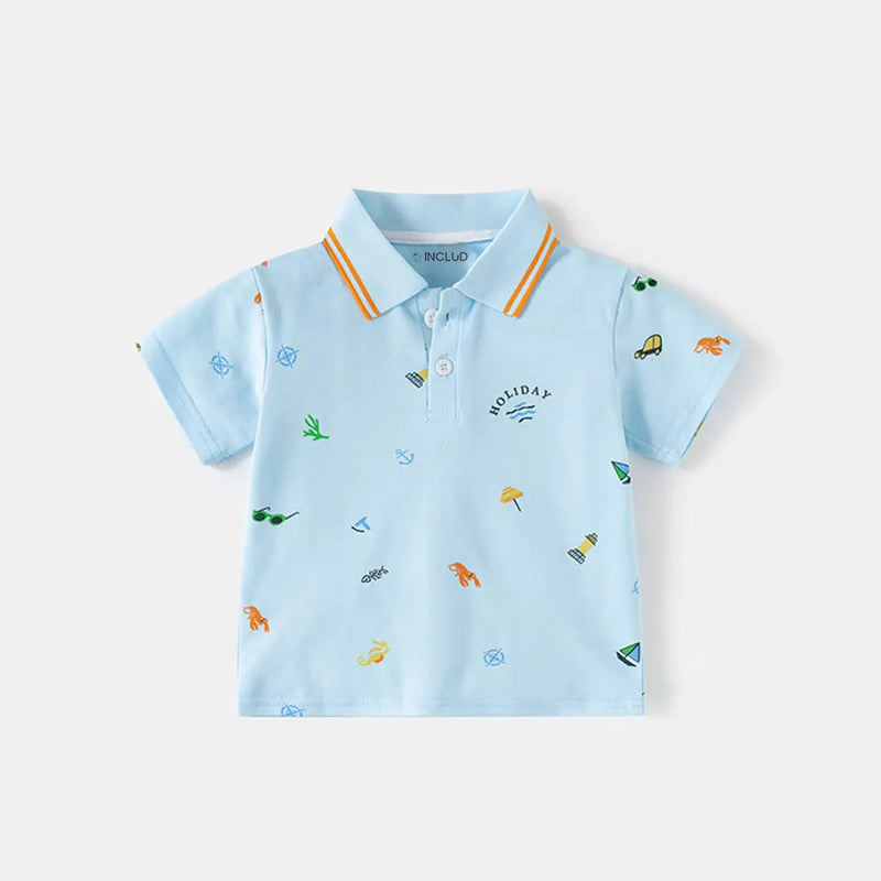 Boys Sky Blue Short Sleeve Beach Print Polo T-Shirt Tshirts