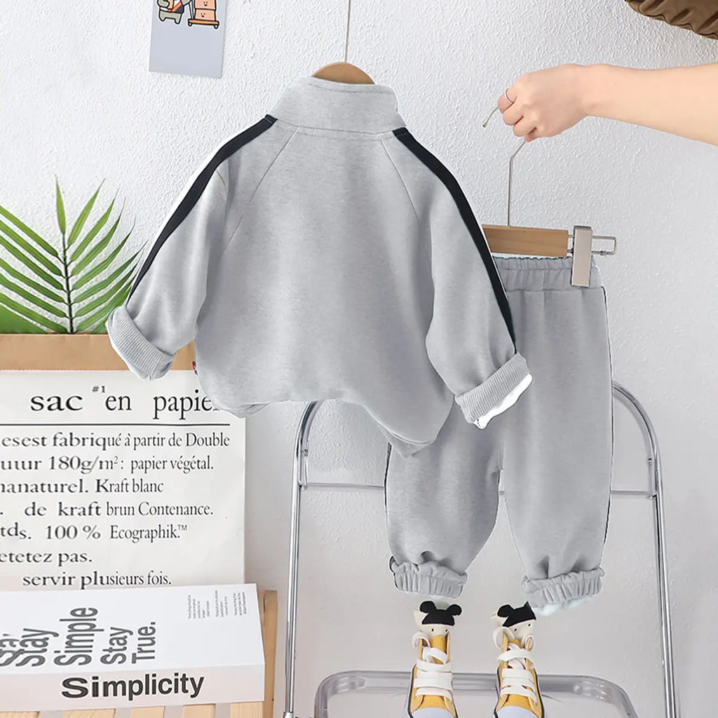 Boys Grey Typographic Printed Zipper Jacket With Jogger Co-ord Sets Sets