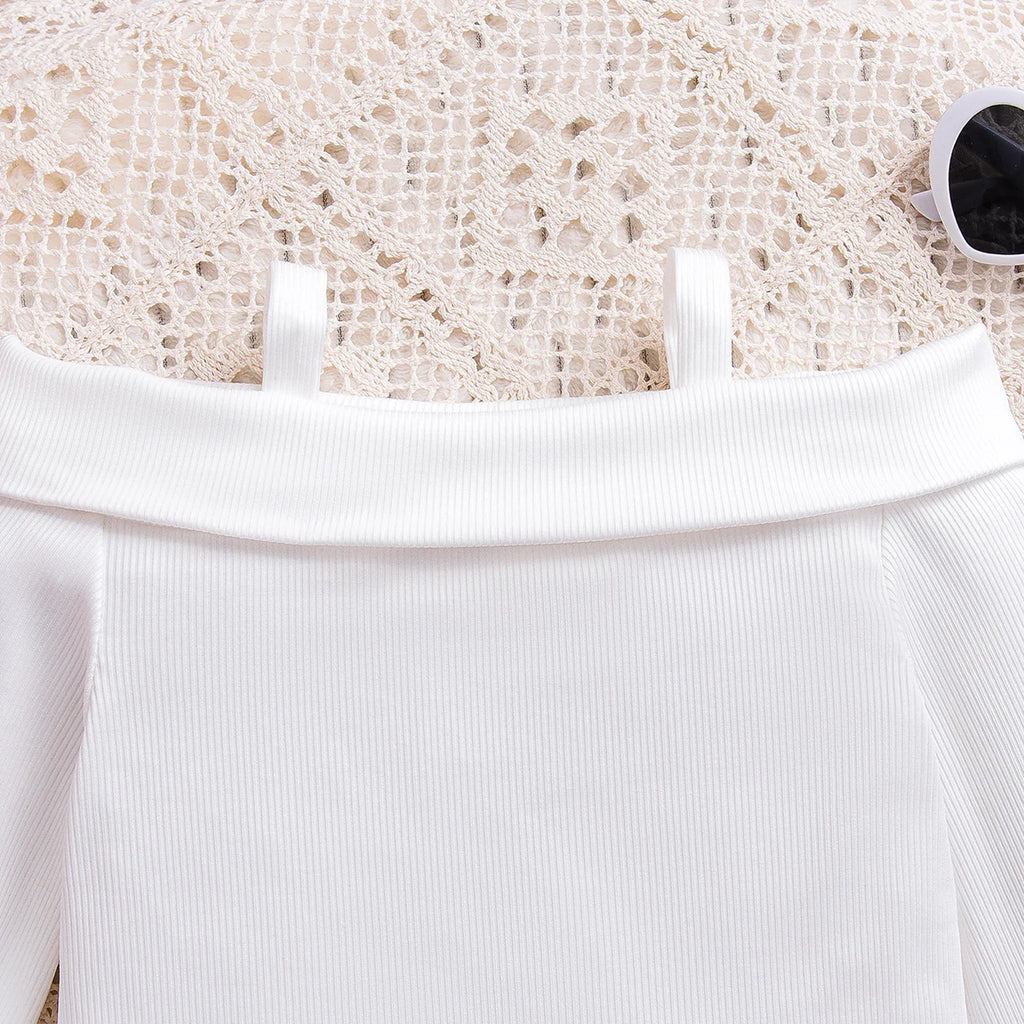 Girls White Off-Shoulder Long Sleeve Top With Shorts Sets 2 pc. Sets