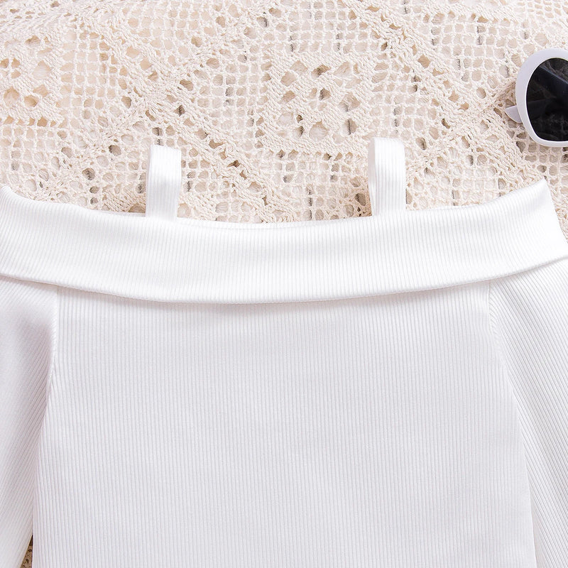 Girls White Off-Shoulder Long Sleeve Top With Shorts Sets 2 pc. Sets