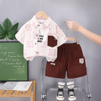 Boys Contrast Pocket Striped Shirt With Dark Brown Cargo Shorts Set 2 pc. Sets Dark Brown 1-2 Y