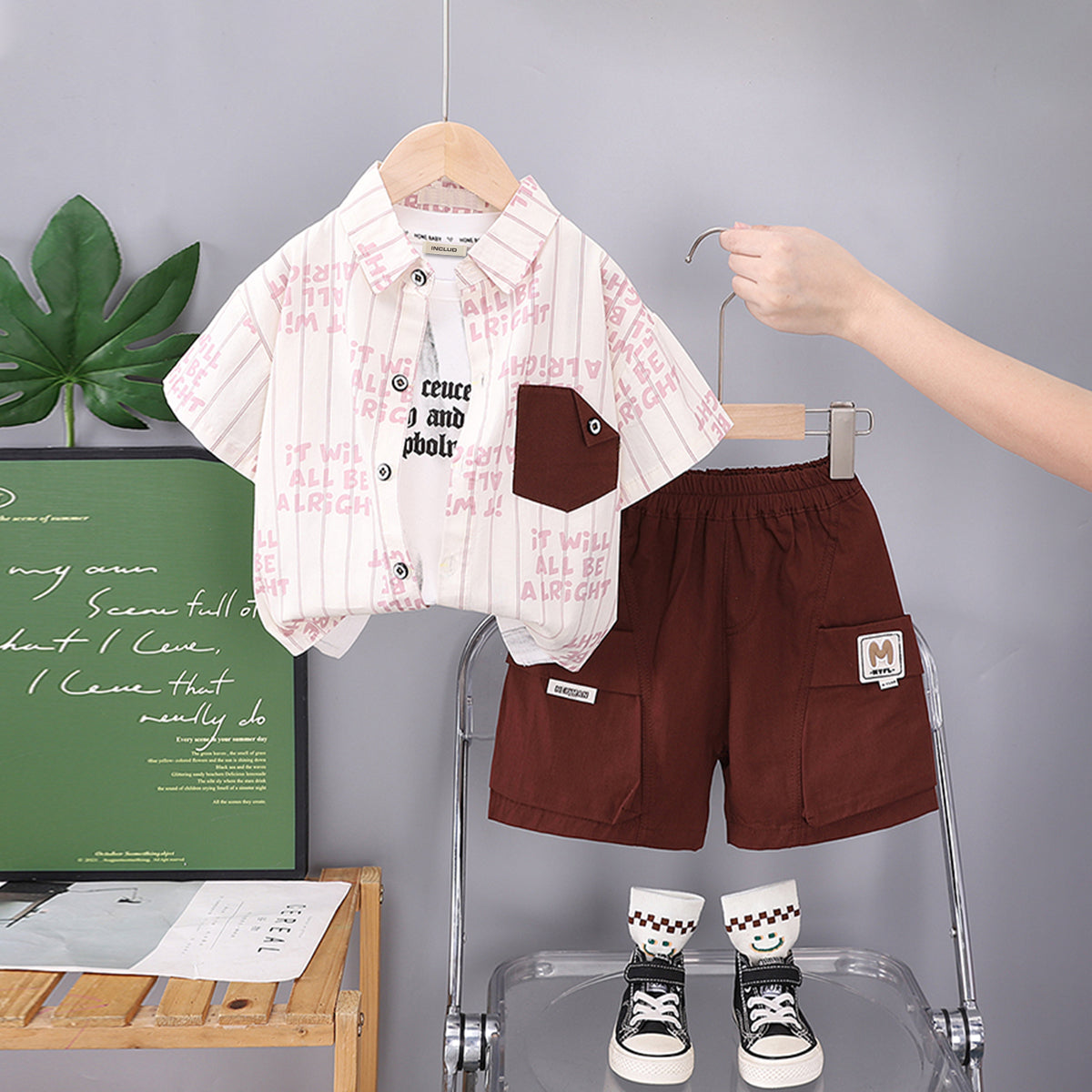 Boys Contrast Pocket Striped Shirt With Dark Brown Cargo Shorts Set 2 pc. Sets Dark Brown 1-2 Y