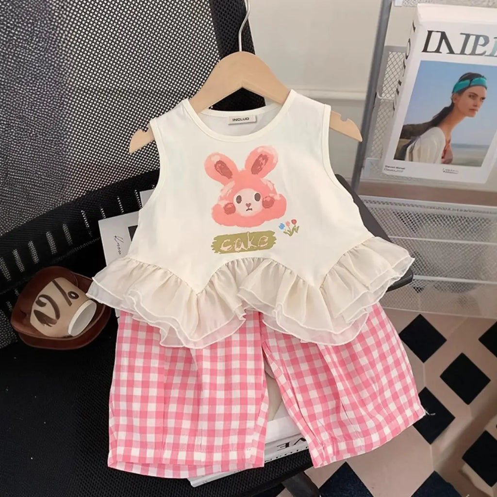 Girls Pink Rabbit Printed Sleeveless Top With Checked Crop Pants Set Sets