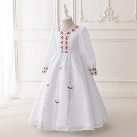 Girls White Embroidered Fit & Flare Dress With Long Sleeeves Casual Dresses