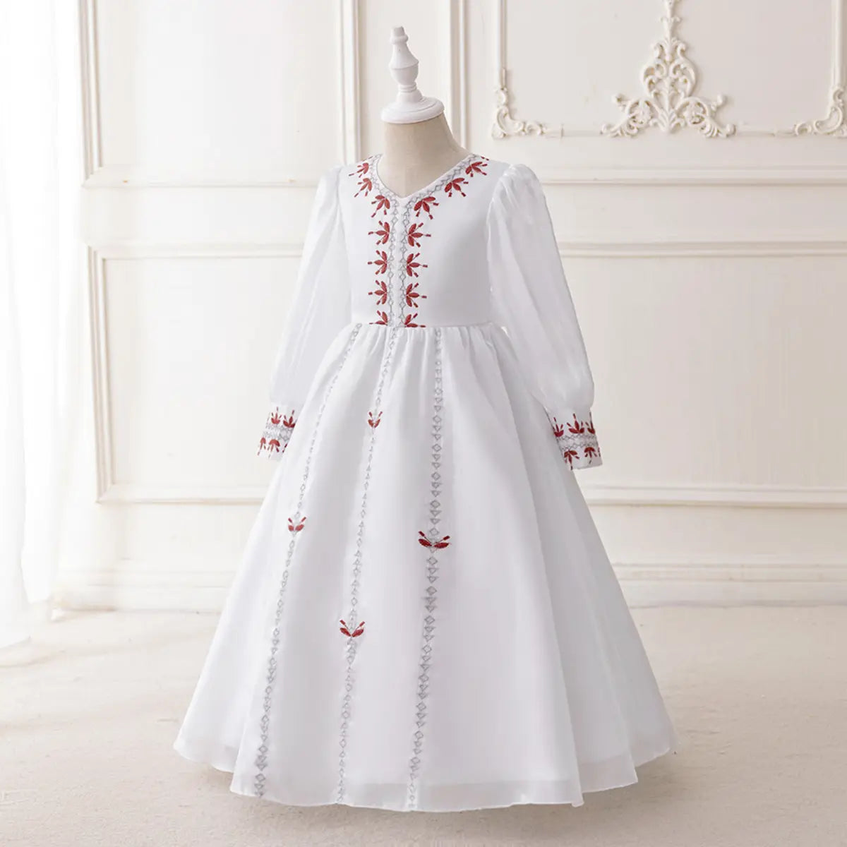 Girls White Embroidered Fit & Flare Dress With Long Sleeeves Casual Dresses