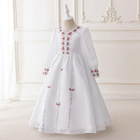 Girls White Embroidered Fit & Flare Dress With Long Sleeeves Casual Dresses