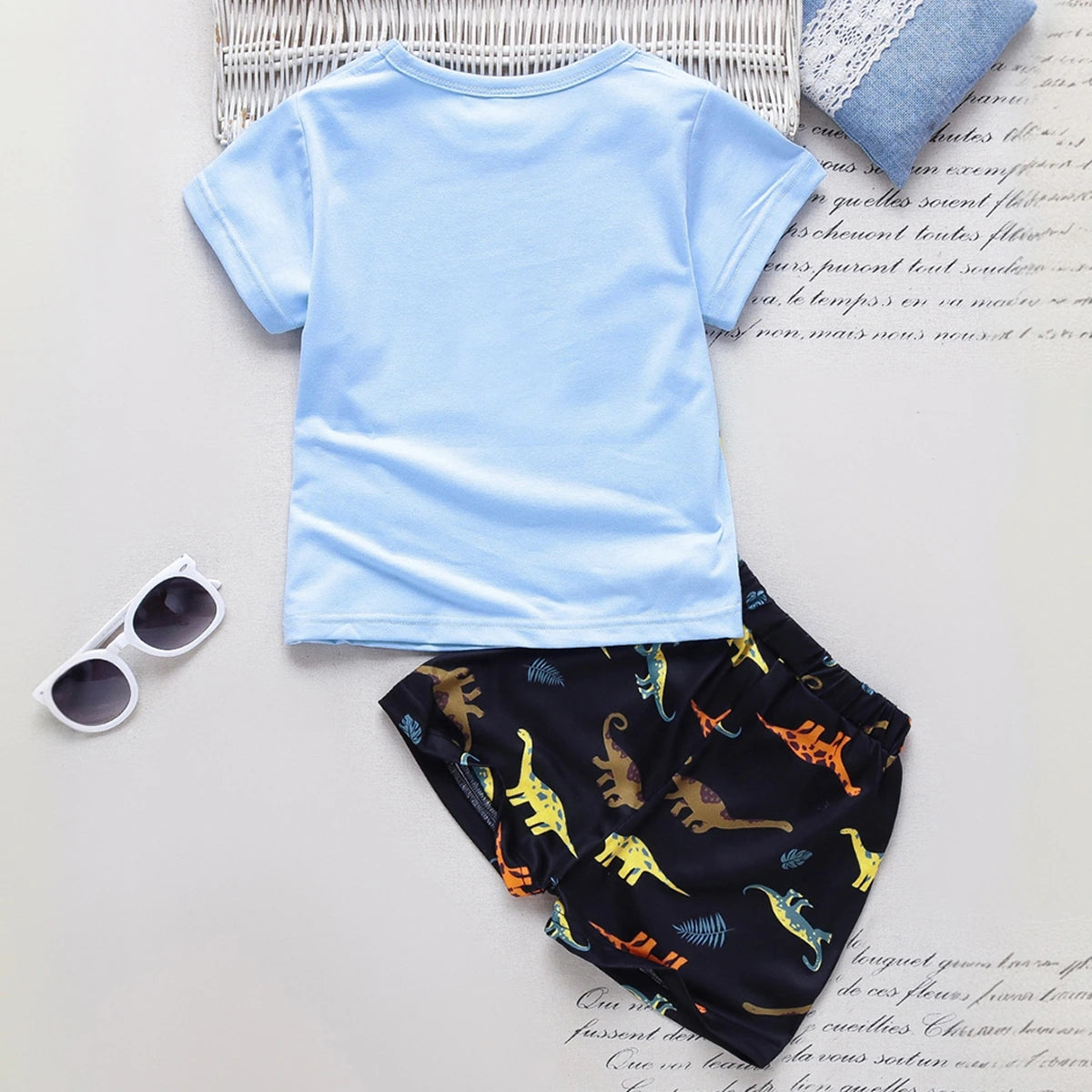 Boys Light Blue Dinosaur Print Short Sleeve T-Shirt With Shorts Sets 2 pc. Sets