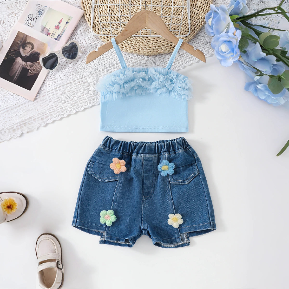 Girls Light Blue Cami Crop Top With Floral Applique Denim Shorts Sets Sets Light Blue 3-4 Y
