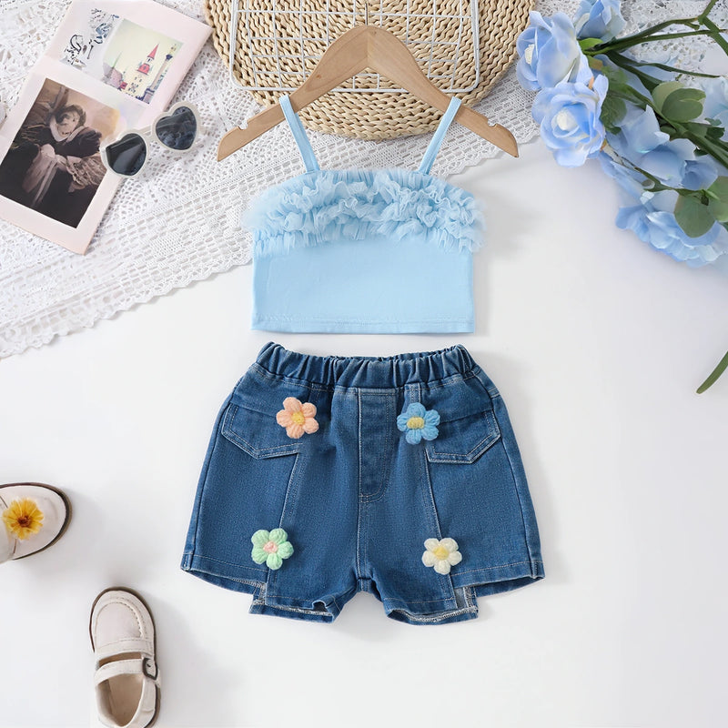 Girls Light Blue Cami Crop Top With Floral Applique Denim Shorts Sets Sets Light Blue 3-4 Y