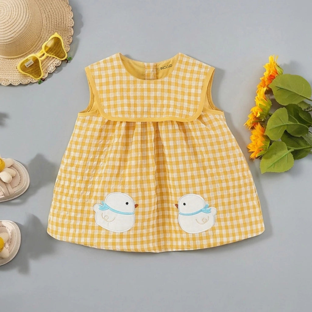 Girls Yellow Checked Duck Applique Fit & Flare Dress Casual Dresses Yellow 1-2 Y