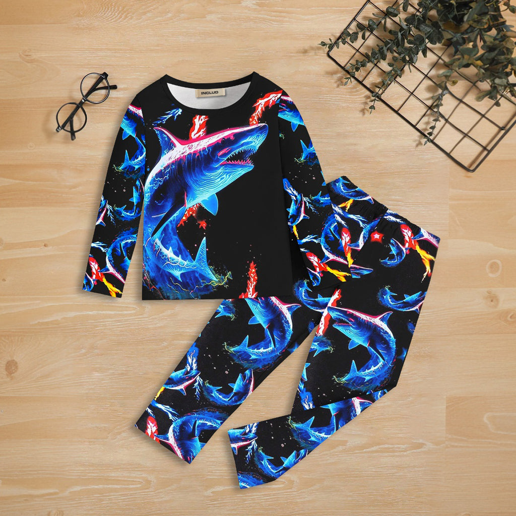 Boys Black Shark Printed Glow in the Dark T-Shirt & Pajama Winter Co-ord Set 2 pc. Sets