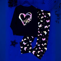 Girls Black Heart Printed Glow in the Dark T-Shirt & Pajama Winter Set 2 pc. Sets Black 7-8 Y