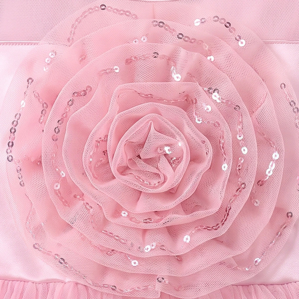 Girls light pink sleeveless high-low party dress with sequin floral applique
