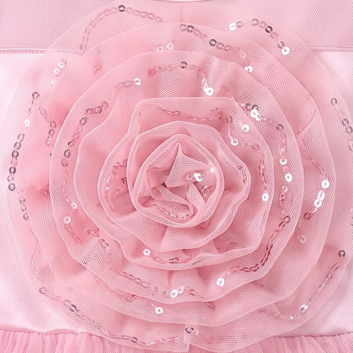 Girls light pink sleeveless high-low party dress with sequin floral applique