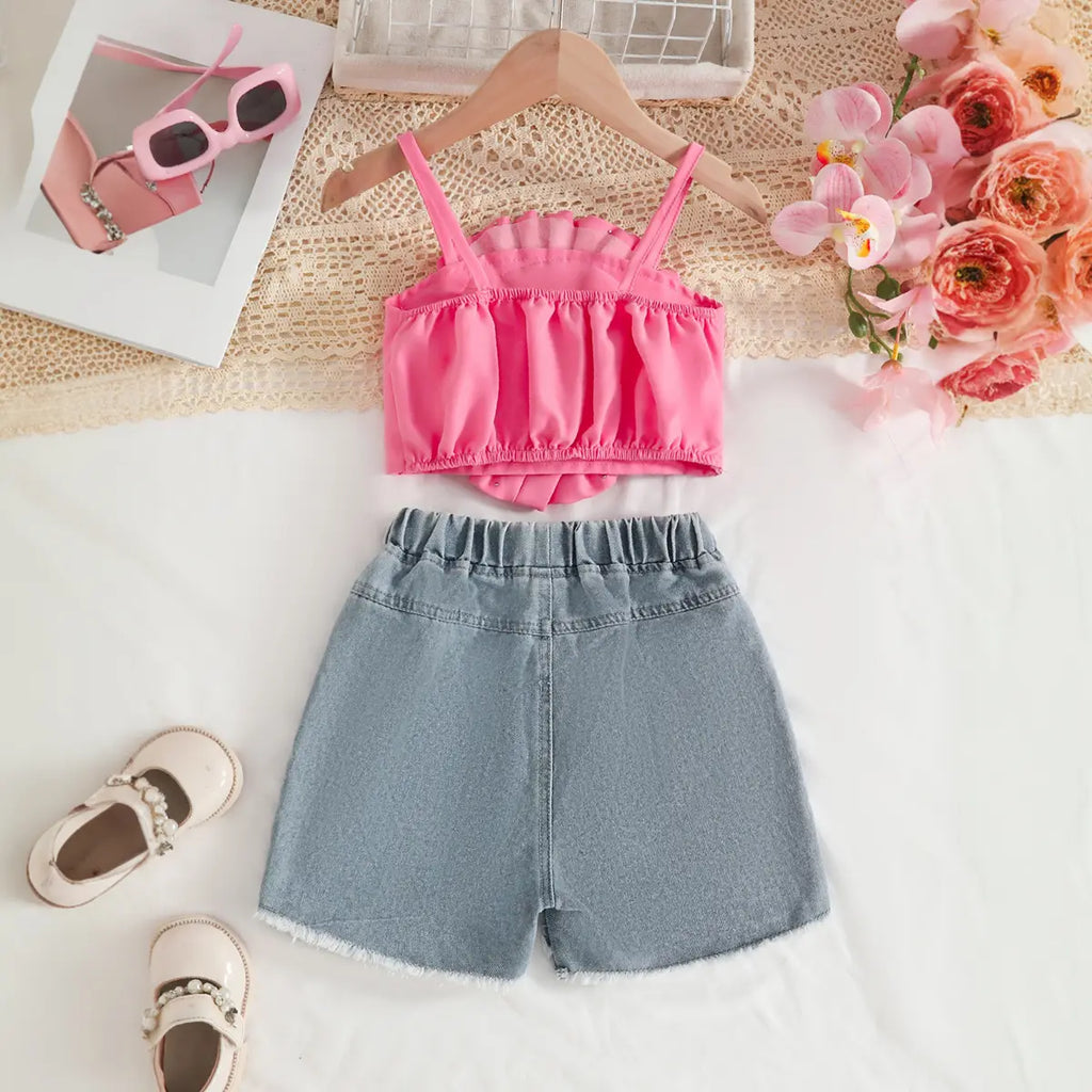 Girls Fuchsia Embellished Big 3D Flower Crop Top With Denim Shorts Set Sets