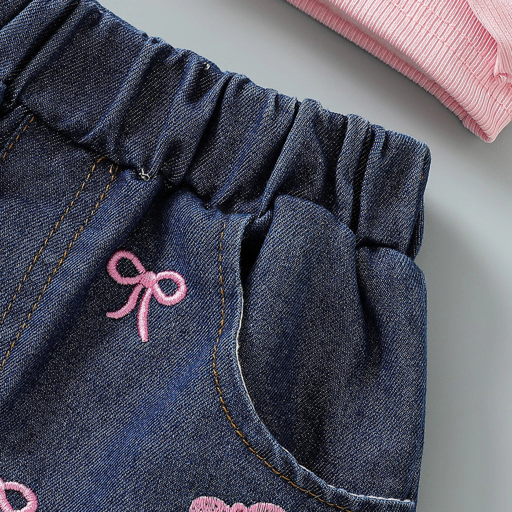 Girls Pink Bow Applique Crop Top With Embroidered Denim Shorts Set Sets