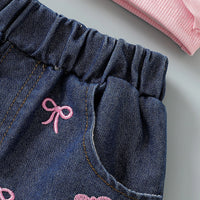 Girls Pink Bow Applique Crop Top With Embroidered Denim Shorts Set Sets