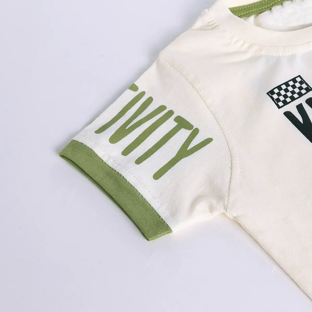 Boys Beige Typographic Printed Short Sleeve T-shirts With Elasticated Shorts Sets Sets