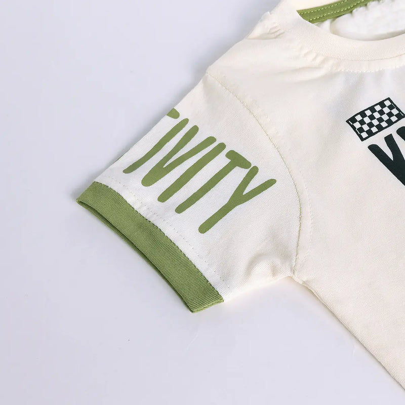 Boys Beige Typographic Printed Short Sleeve T-shirts With Elasticated Shorts Sets Sets